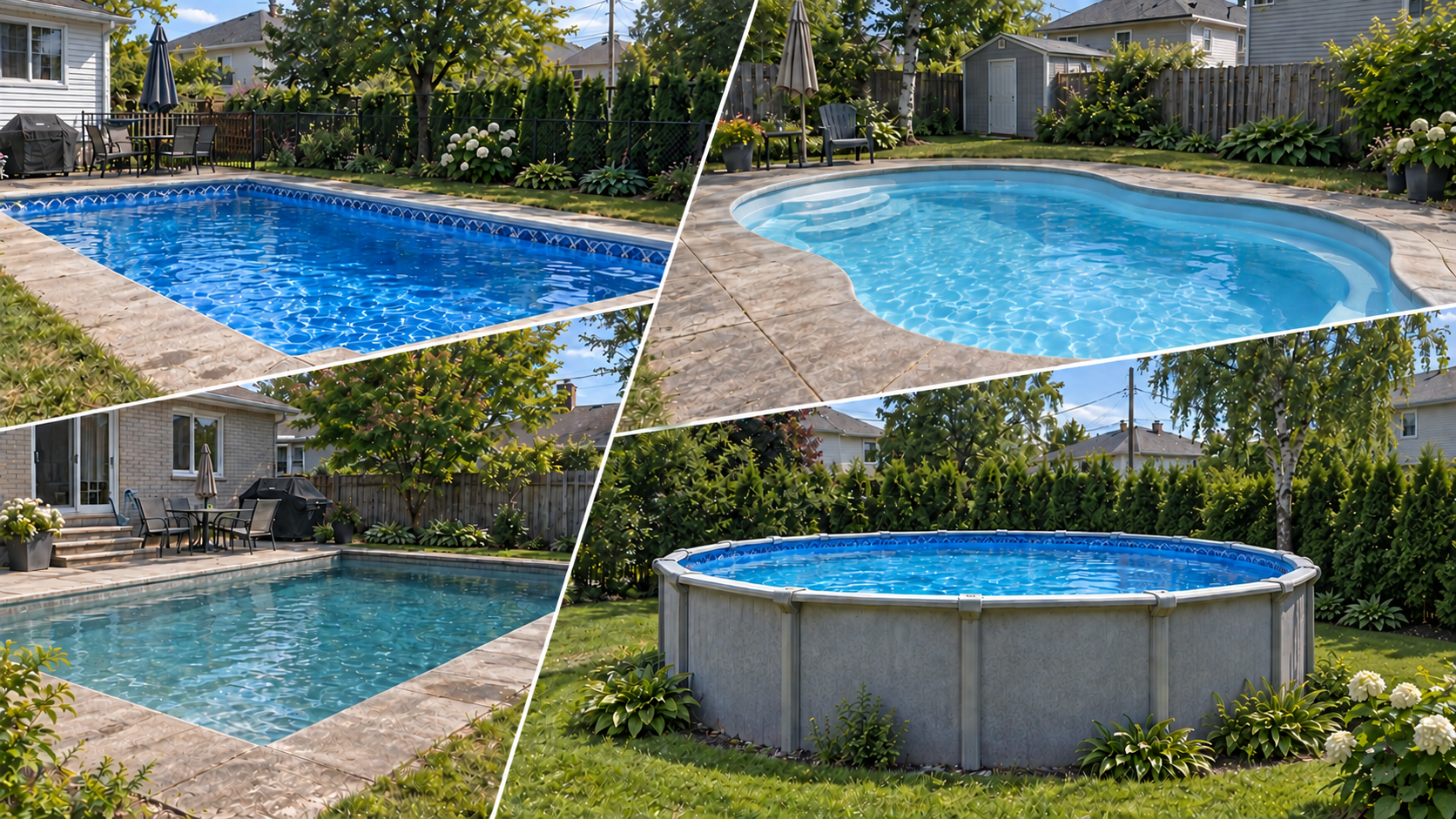 Montage illustratif de quatre piscines : vinyle, fibre de verre, béton et hors terre