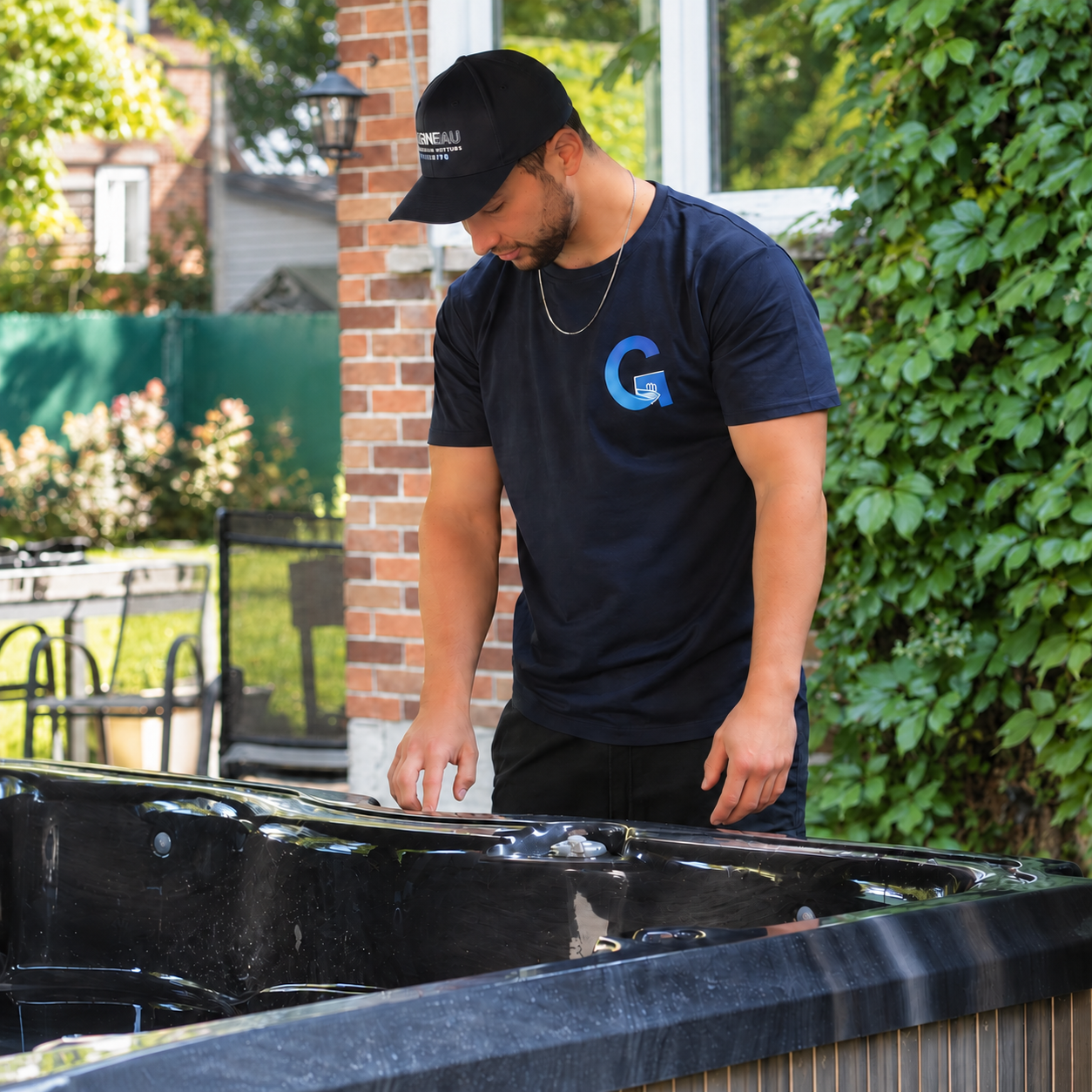 Christophe au travail près du spa, avec son chandail Garneau